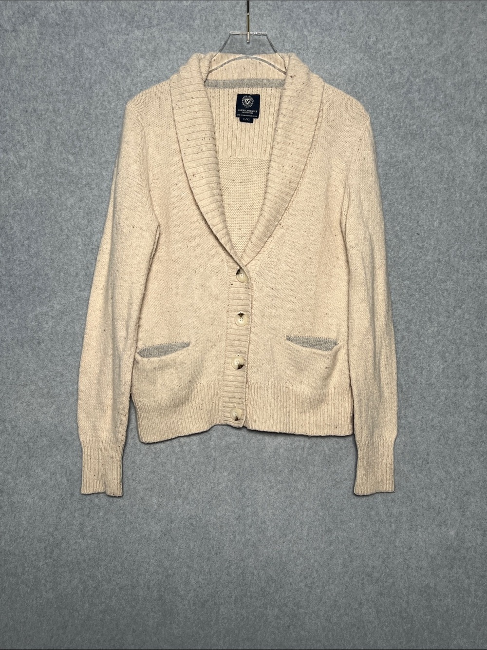 American Eagle Wool Knit Speckled oatmeal Exaggerated Collar Cardigan Size L